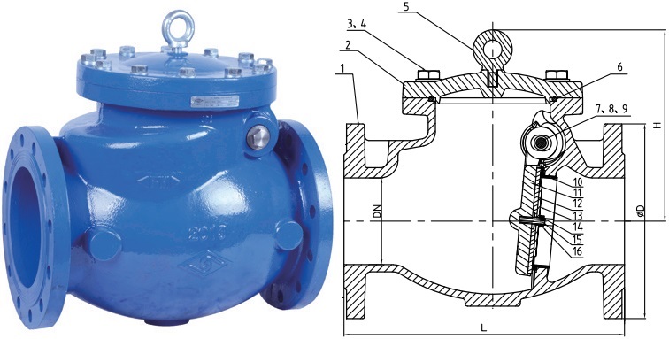 Picture & drawing of D.I. swing check valve.