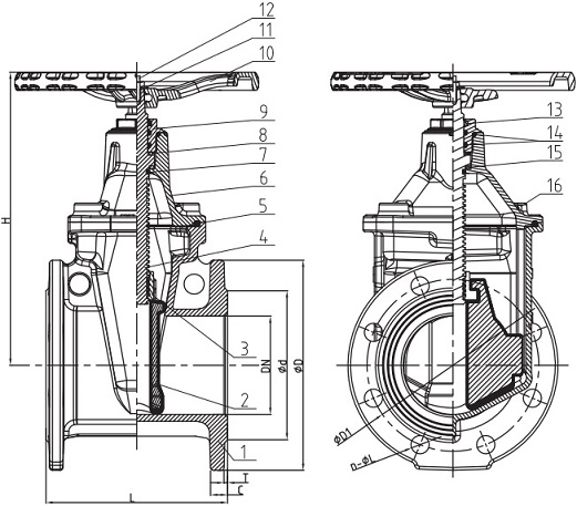 Drawing of DIN 3352 F4 NRS gate valve.