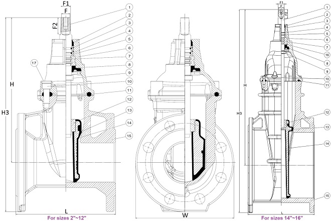 Drawing of EN 558 Series 3 NRS gate valves.