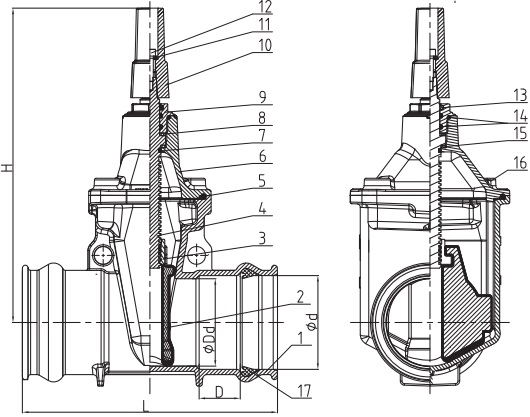 Drawing of sans/sabs 664 socket end gate valves.