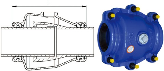 Drawing & picture of D.I. bell joint repair clamp.