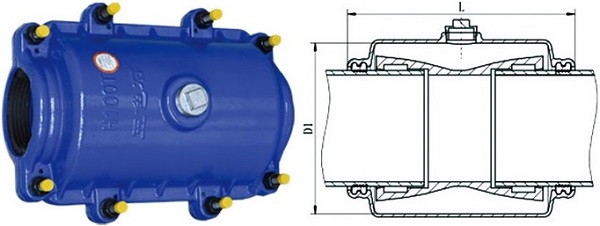 picture & drawing of double socket collar repair clamp.