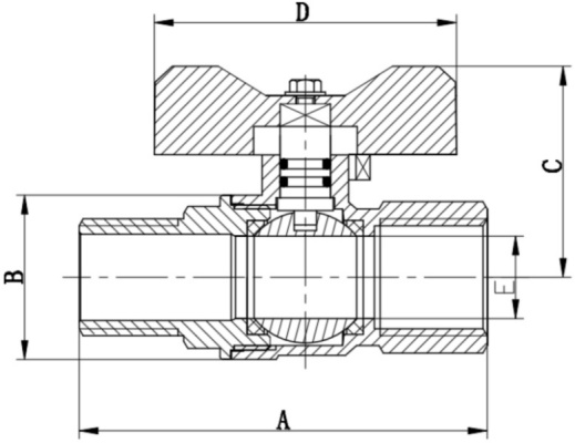 drawing of brass ball valve with extended length M&F threaded T handles